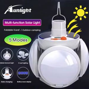 Aunlight Portable Solar Camping Light Outdoor Folding Light USB Rechargeable 5 Modes LED Bulb Lights Camping Torch Emergency Lamp for Power Outages