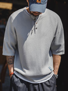 MADEN | Bamboo-textured Henley Shirt T-Shirt Grey Loose Short Sleeve