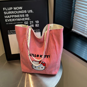 HelloKitty Canvas Tote Bag Women Large Capacity Double Sided Striped Shoulder Bag Commuting Class Tote Bag Casual Cartoon Pattern