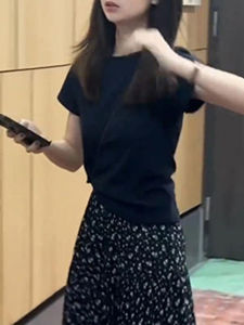 Shalldoer | Slim Fit Basic Round Neck Short Sleeve T-Shirt Womens Summer Thin Style Base Layer Top Solid Color Pure Simple Design