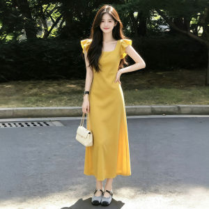HUAYILING | Soft and Fluttery Sleeve Yellow Long Dress