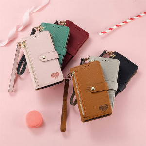 Wallet Case Realme 12 12X 11 10 9 Pro Plus 11X 4G 5G Women Zipper Flip Leather Fashion Love Luxury Shatterproof Phone Cover with Wrist strap