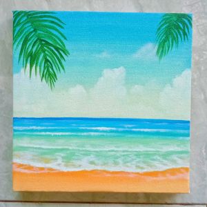 Lukisan Kanvas Dinding Aesthetic Minimalis Motif Pantai Cerah / Lukisan Hiasan Pajangan Dekorasi Dinding Ruang Tamu / Lukisan Asli Hasil Tangan Handmade Ukuran 30x30cm