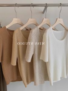 U Collar White Ice Silk Linen Short Sleeve T-Shirt Womens Summer Thin Shoulder Half Sleeve Ice Linen Knitwear Dopamine Tops