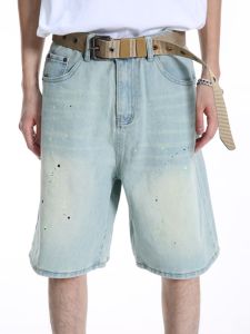 กางเกงยีนส์ทรงหลวมขาบานเอวกลาง 5 นิ้ว สำหรับผู้ชายและผู้หญิง กางเกงขาสั้นฤดูร้อนใหม่สไตล์ย้อนยุค ผ้าเดนิม ทรงหลวม ทรงตรง กางเกงยีนส์