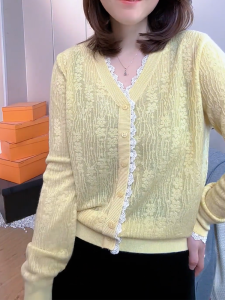 QINGNAER | European Lace Edge Embroidered V-Neck Oversized Stylish Casual Youthful Womens Knitted Cardigan