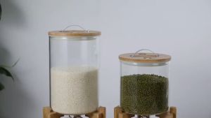5L 8L Sealed rice storage kitchen receptacle Transparent receptacle kitchen convenience waterproof storage rice tank Multi-purpose glass food storage jar with bamboo sealin Seasoning Airtight Jar Container Glass jar Spice contain
