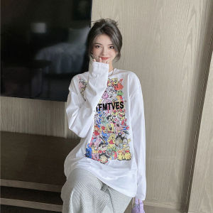 White Cotton Long Sleeve Womens Base Shirt Spring Autumn New Style Loose Fashionable Large Size Trendy T-Shirt Commute Style