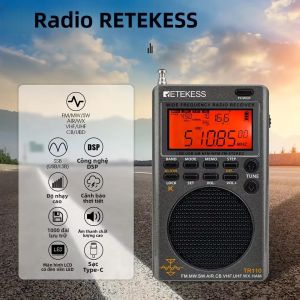 Máy Thu Sóng Ngắn Di Động Retekess TR110 SSB FM MW SW LSB CB VHF UHF Với Chức Năng Cảnh Báo NOAA Đầu Thu Kỹ Thuật Số Radio Ngoài Trời AM/FM