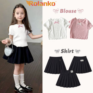 Rolanko Baby Girls Summer Black Preppy Skirt Breathable Short Sleeve Overlock-detail T-Shirt with Bow Knot Sweet Cute Casual Wearing School Daily Outfit