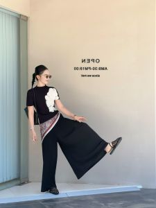 VKSOD | Summer 2025 French Texture Print T-Shirt High Waist Pleated Wide Leg Pants Set Slimming Stand Collar Two-Piece Black Ensemble