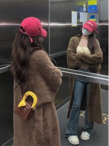 Mid Length Long Length Cardigan Sweater Outwear Knitting Female Fall and Winter Gentle Loose and Lazy Style over the Knee Stuffed Mink-like Wool