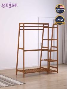 Wooden Clothes Drying Rack Hanging Rack Wardrobe Coat Rack Cabinet Multifunction Almari Rak Baju Penyangkut Pakaian 晾衣架
