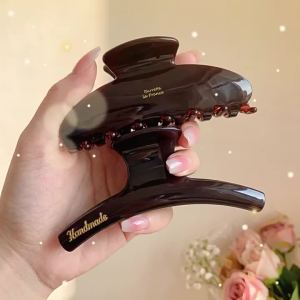 hellocandy | French Vintage Style Hair Claw Various Styles For Girls And Commuters Dark Brown Glossy Golden Logo