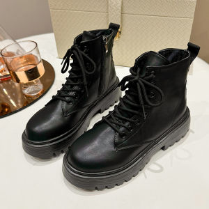 Black Fleece Lined Martin Boots Womens Side Zipper Motorcycle Boots Thick Bottom Autumn Winter Short Boots Versatile British Style