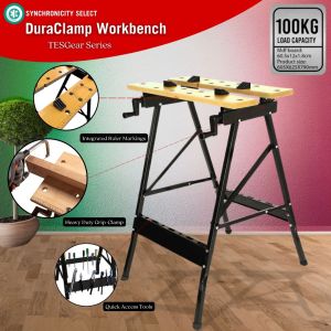 DuraClamp Portable Workbench | Small Folding Worktable with Vise Ruler & Protractor Scale - SawHorse Table | TesGear Series | Includes 4 Bench Dogs for Clamping Cutting & Painting | Ideal for Woodworking DIY & Home Projects | Compact Durable