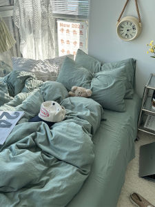 Retro Style Washed Cotton Bedding Set Pure Color Four-Piece Quilt Cover 1.8 Bed Sheet Bed Skirt Dormitory Three-Piece Set