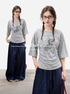BAIDAIFEI | American Grey Flared Sleeve Regular Shoulder Short Fitted T-shirt