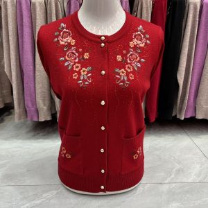 Moms Autumn and Winter Clothes Embroider Knitting Sweater Cardigan Grandmas Clothes Pocket Coat Middle-Aged Women Red Tops Thick