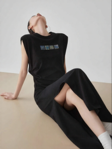 XIAODADEHUA | Black Spaghetti Strap Puffed Waist Dress