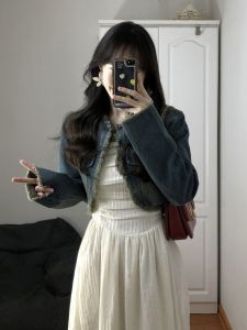 Retro Hong Kong Style Short Frayed Hem Denim Jacket Two-Piece Suit Womens Spring and Summer Strap Dress Niche Waist-Slimming Long Dress