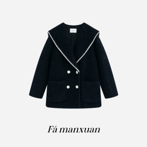 FAMANXUAN | French Style Color Contrast Embroidery Navy Collar Wool Circle Coat