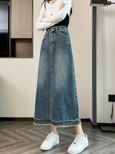 High Waist Denim Skirt Womens Spring Autumn 2025 New A-Line Vintage Pear Shape Body Mid-Length Long Skirts Commute Style
