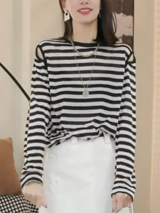 QINGNAER | Oversized Stripe Patchwork Off-Shoulder Lightweight Womens T-shirt