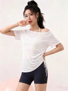 Slip Shoulder Quick-Dry Drawstring Waist T-Shirt