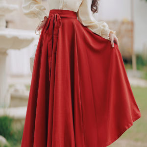 Red Buttoned New Chinese Style Top with Integrated Belted Mini Skirt Set Hanfu Dress Autumn Winter Fashion Womens Suit