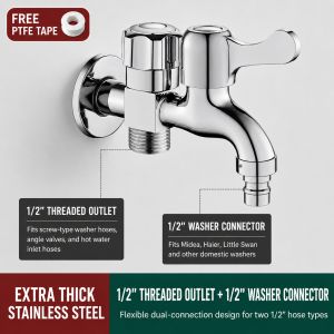 Stainless Steel Washing Machine Faucet 1 Inlet 2 Outlet 1/2 3/4 Dual Control Water Tap Three Way Splitter For Bathroom