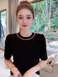 Black Shoulder Pullover Short Sleeve T-Shirt Fancy Easiest for Match T-Shirt Female New Design Sense Niche Loose Slim Looking Tops