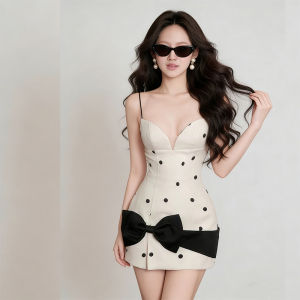 Polka Dot Bow Strap Dress Slim Fitting