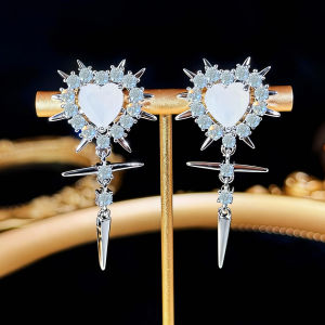 SEQUITO Gorgeous Bridal Wedding Party Ear Jewelry Heart Stoens Settings AAA Zirconia Cross Pendant Dangle Long Silvery Earrings SE1011