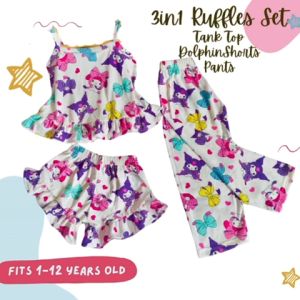 3in1 RUFFLES SET for kids infant baby 1-12 years old  sando pajama and shorts  in  plains and  unicorn   SANRIO MY melody   Kuromi  Cinnamorrol  Hello Kitty and other cute prints