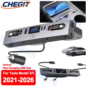 For Tesla Model 3 Model Y 2021-2025 65W / 45W USB Shunt HUB 5 IN 1 Intelligent Docking Station Car Adapter Powered Fast charging