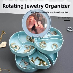 Rotating Multi-layered Jewelry Box with Mirror for Storing and Displaying Earrings and Necklaces