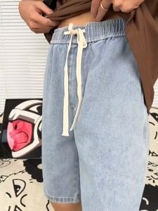 Jeans for Men Celana Pendek Lelaki Summer Thin Section Loose Straight Light-coloured Denim Shorts Mens Tide Hong Kong Style Simple Casual Five-minute Trousers Large Size Mens Trousers M-5XL