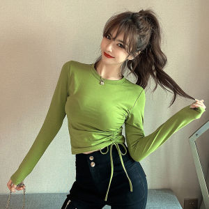 Áo Thun Nữ Tay Dài Cạp Cao Hở Bụng Thiết Kế Thu Đông Không Đều Có Dây Rút Bên Trong Màu Đen Áo Sơ Mi Nữ