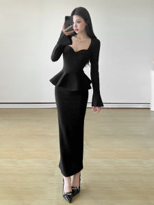 Kliou Young Adult Lady like Woman Style Elegance Retro Long Sleeves Dress Womens Split Niche Style Slim Looking Tight Waist Sheath Dress