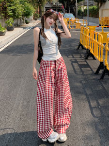 Quần Ống Rộng Kẻ Caro Màu Đỏ Phong Cách Lười Biếng Cho Nữ Mùa Thu 2025 Quần Ống Rộng Cạp Cao Thường Ngày Cho Nữ Quần Ống Rộng