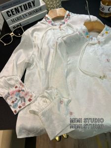 New Chinese Style Embroidered Stand Collar Long Sleeve Womens Shirt Base Layer Top Spring Summer National Fashion Combination Vest