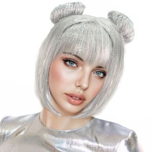 วิกผมสังเคราะห์ทรงลูกชิ้นสีเงินสำหรับงานปาร์ตี้วันหยุด - อุปกรณ์เสริมชุดแฟนซีสุดสนุก