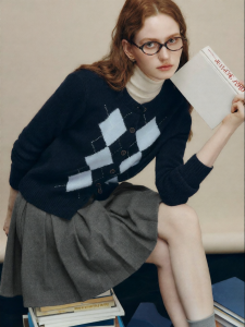FAMANXUAN | Vintage Retro Color Contrast Blue Diamond Knitted Cardigan