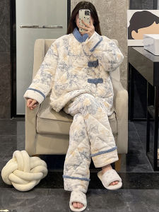 Luxurious Womens Winter Sleepwear Thickened Coral Fleece Three-Layer Cotton Warmth New Chinese Style Home Clothes Outdoor Wearable