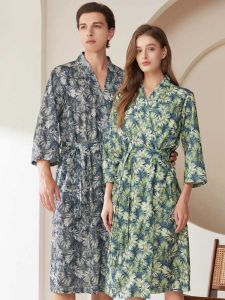 Summer Thin Water-Absorbing Quick-Drying Nightgown Swimming Wearable Bathrobe Womens Palm Leaf Printing Series Belt Bathrobe Men