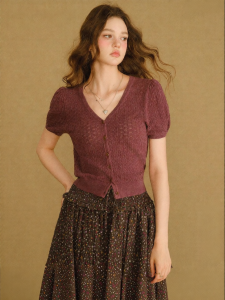 BANANA CICI | Áo Cardigan Knit cổ V tay phồng Vintage