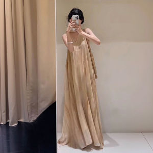 Summer 2025 Womens French V-neck Hanging Neck Dress Slimming Long Dress Lazy Style High Waist A-line Skirt Casual Wear