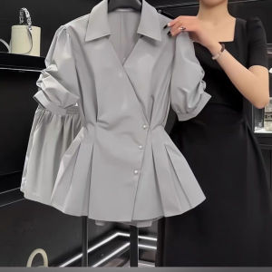 Gray Polo Collar Short Sleeve Shirt Womens Casual Fashion Lazy Style Summer New Super Beautiful Versatile Top Butterfly Knot