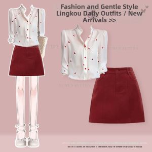 NUMEN BUTTON | Commuter Style Polka Dot Shirt and Slim Skirt Set